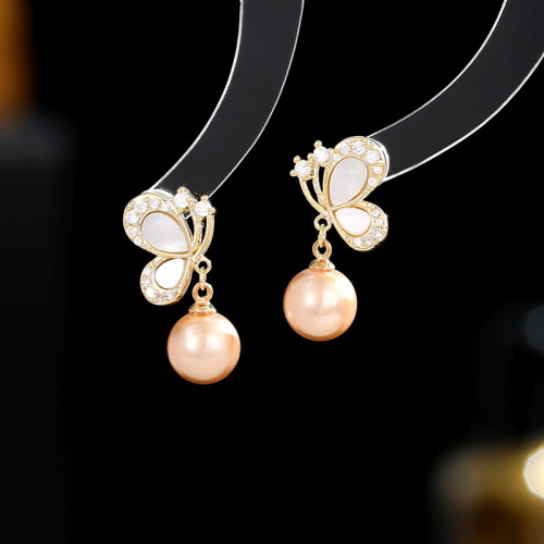 Japanese and Korean design French earrings small shell pearl earrings s925 silver needle short zircon butterfly earrings for women