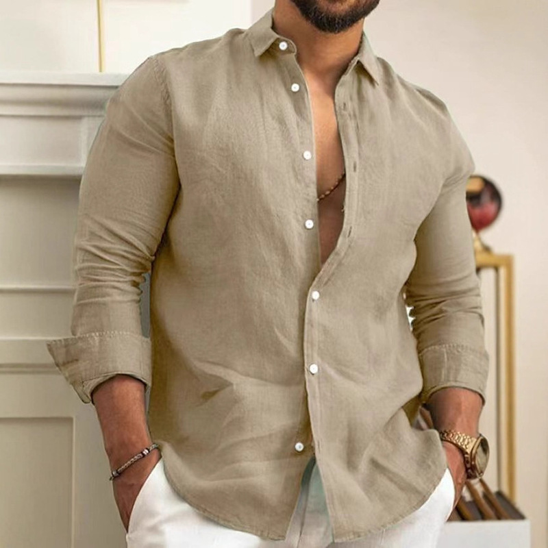 2025 Amazon European and American Cross-Border Cotton and Linen Solid Color Men's Lapel Button Long-Sleeved Shirt Youth Fashion Casual Men 2025 Amazon European and American Cross-Border Cotton and Linen Solid Color Men's Lapel Button Long-Sleeved Shirt Youth Fashion Casual Men