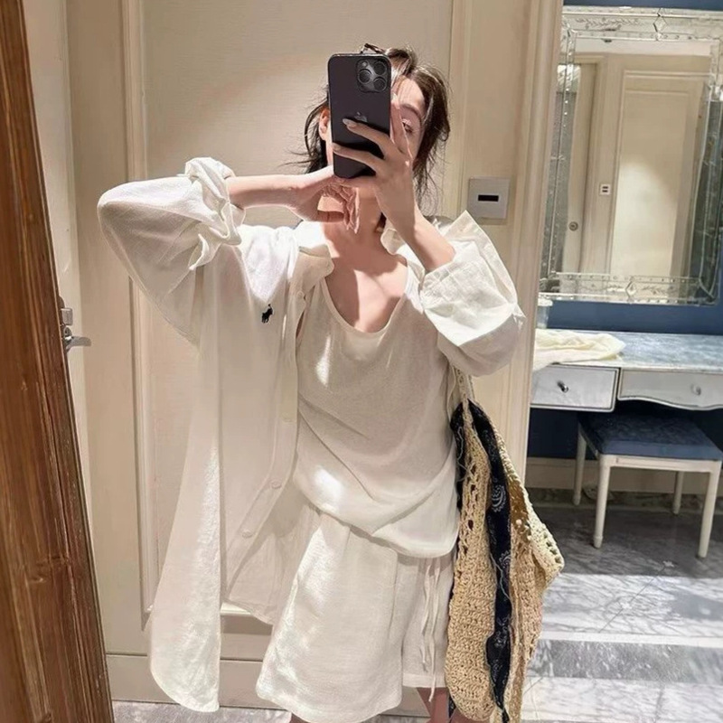 Rl Raff Linen Shirt, Shorts, Three-Piece Set with Vest, Slimming and Lazy Style Top, Breathable and Soft Summer Outfit for Women Rl Raff Linen Shirt, Shorts, Three-Piece Set with Vest, Slimming and Lazy Style Top, Breathable and Soft Summer Outfit for Women