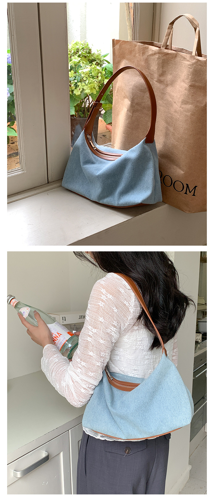 Borsa in denim versione coreana, in PU, casual, estiva, nuova, monospalla, borsa da ascella, borsa di alta gamma di nicchia da donna_voghion.com