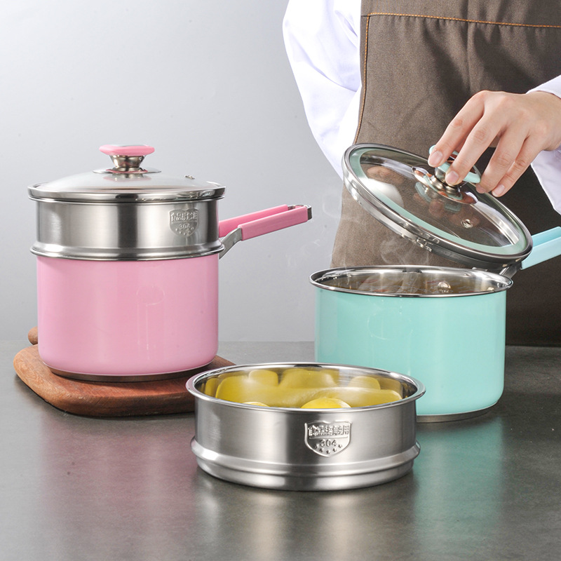 Olla de leche de acero inoxidable 304 Cocina de Inducción horno de microondas cocina universal olla integrada hogar dormitorio olla de fideos instantáneos conjunto de tres piezas