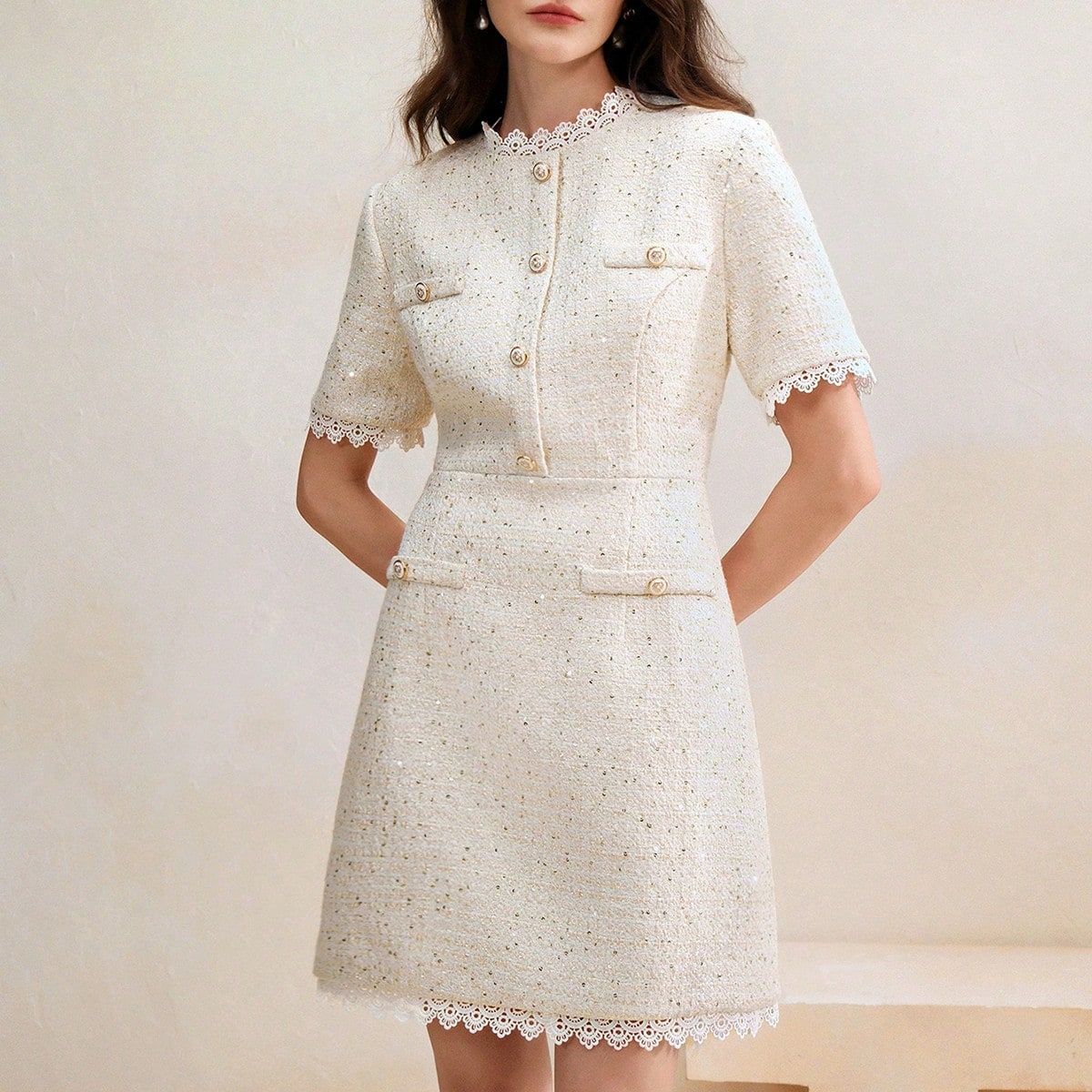 Lace Thin And Glittering Buttons Classic Style Slim Fit Dress