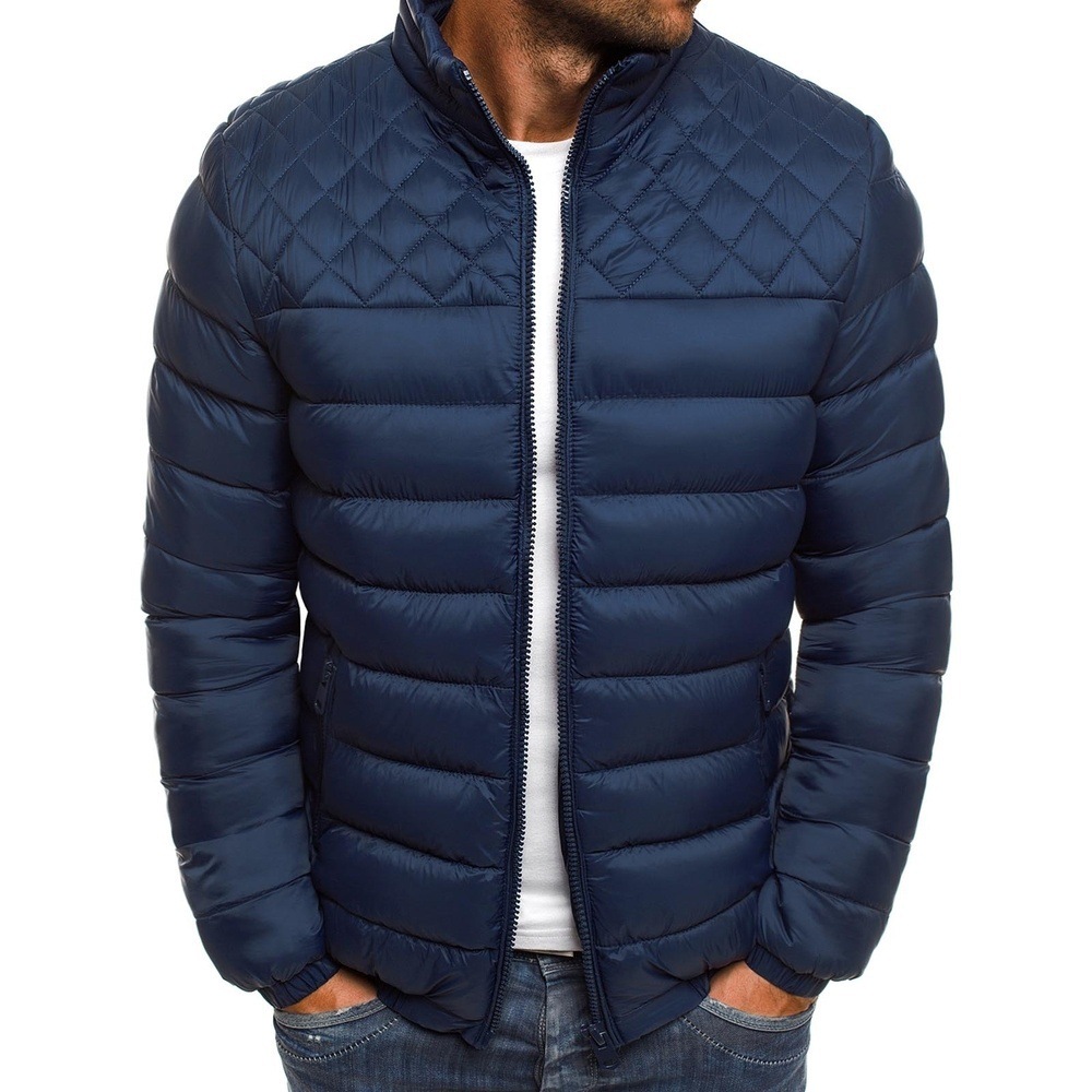 2021 New Winter Solid Color Stand up Collar Jacket for Men's Shoulders, Chest, Diamond Grid Seam Jacket, Loose Cotton_voghion.com