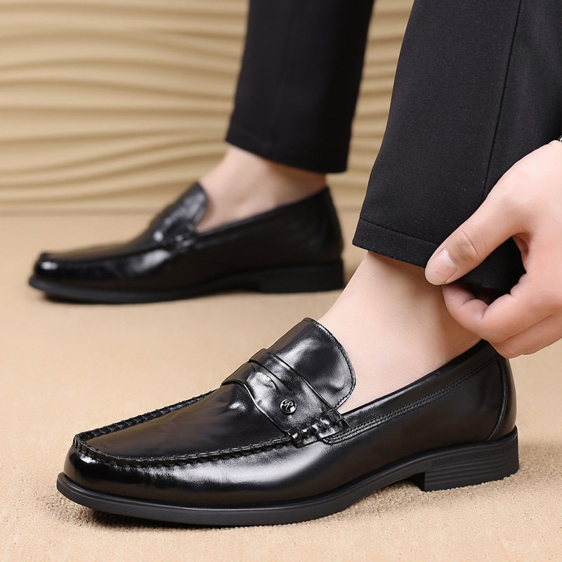Giày da nam công sở da bò lớp đầu, kiểu lười mũi tròn, đế cao su — Màu nâu, màu đen