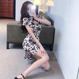 性感改良旗袍中国风印花复古技师工作服夜总店修身包臀连衣裙女夏