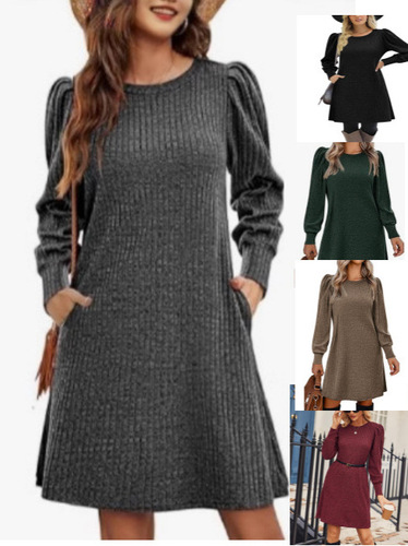 2025 Western and European Fashion Women's Knit Popper Sleeve Long Sleeve Autumn and Winter Round Neck Casual Loose Dress with Pockets
