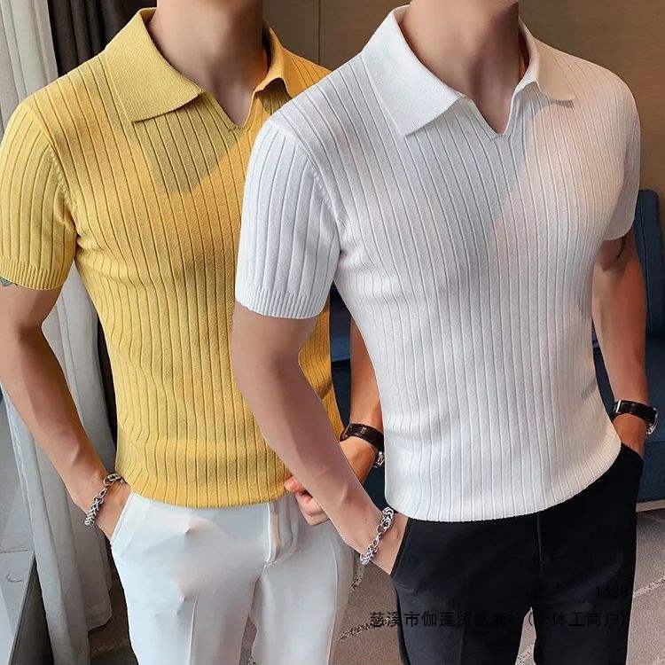 Summer Men's Slim Fit Fashion V-Neck Knitted Short-Sleeve Polo Striped Ice Silk Lapel T-Shirt Base Layer