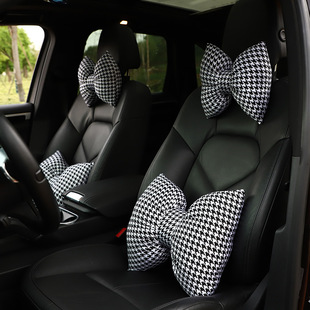 Car headrest neck pillow houndstooth cute bow car waist pillow pillow car interior products women