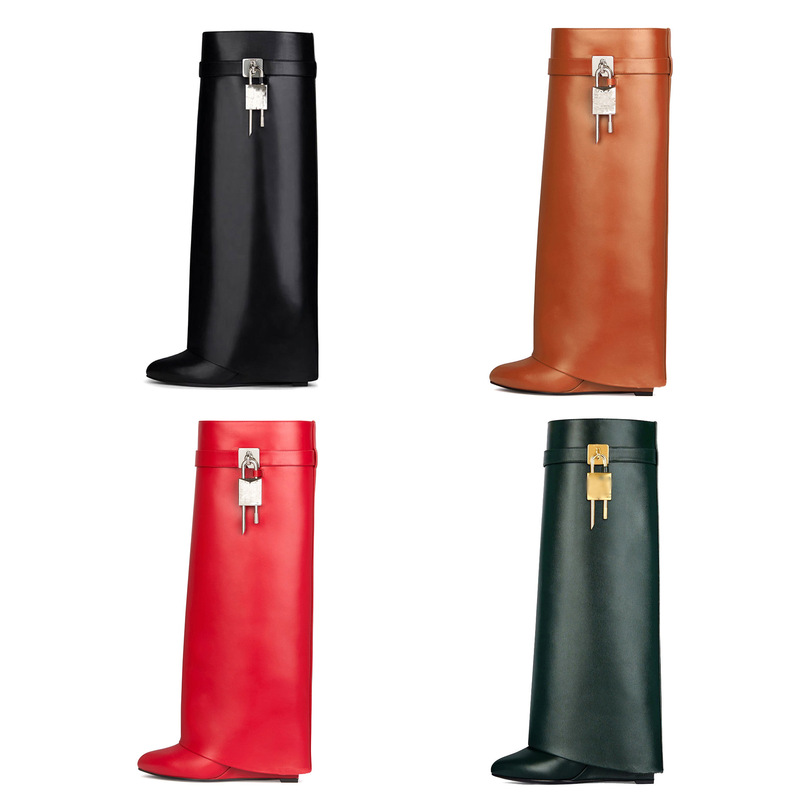 European and American Foreign Trade Cross-Border Pointed-Toe Straight-Leg Shark Boots, Long Wedge-Heeled Trouser Boots, Knee-High Fashion Boots, Long Boots