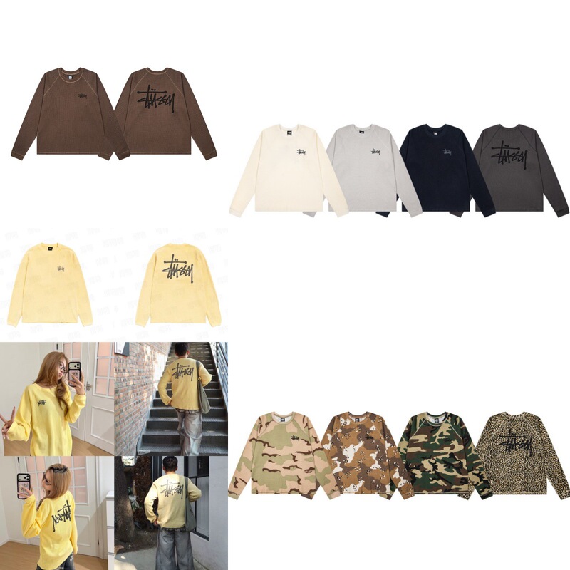 26S STU Spring/Autumn Curved Letter Waffle American Retro Round Neck Long Sleeve Sweatshirt Versatile Top