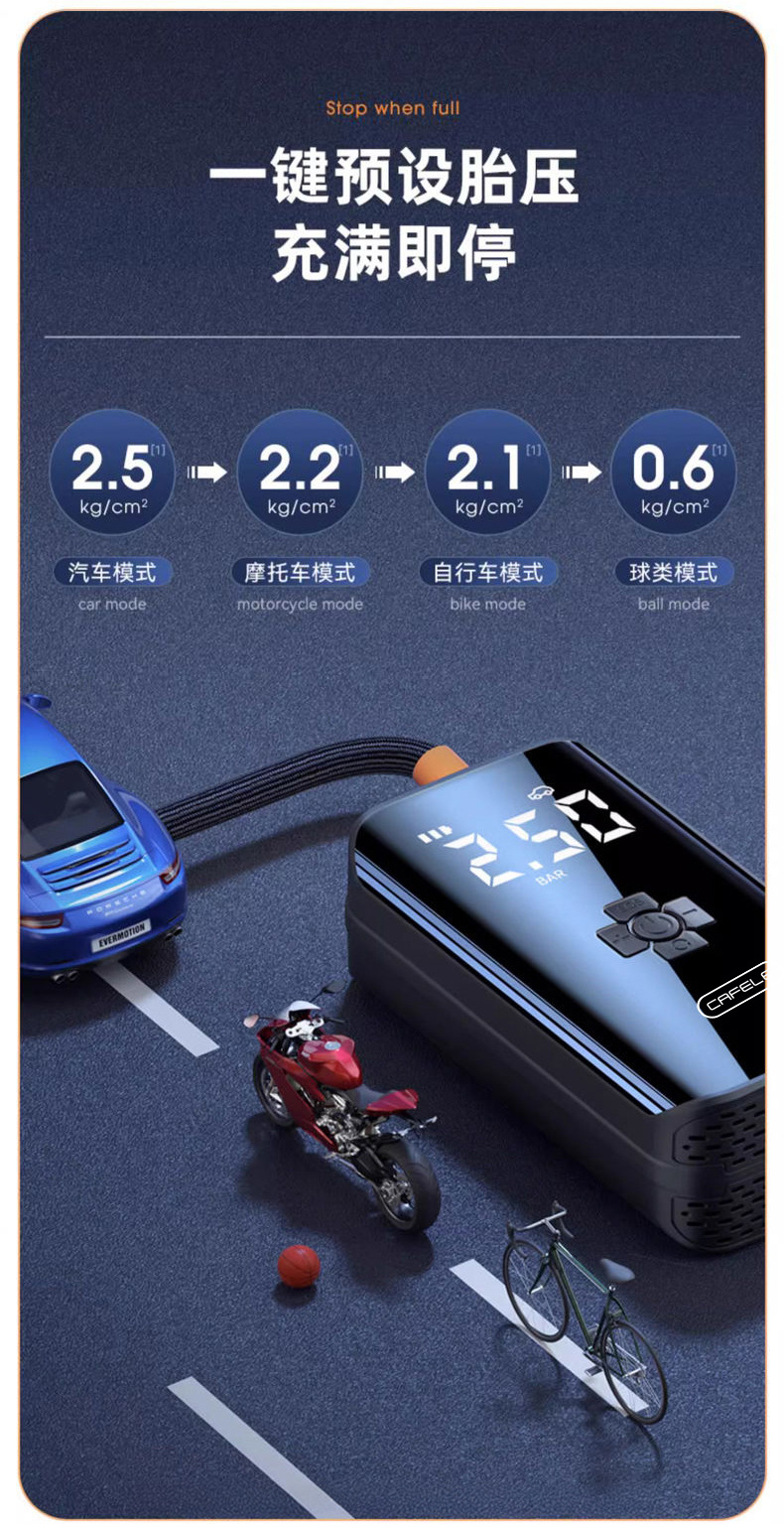 Kafeila Car-Mounted Wireless Air Pump for Motorcycles and Bicycles, Portable Tire Pump, Multi-Functional Air Pump