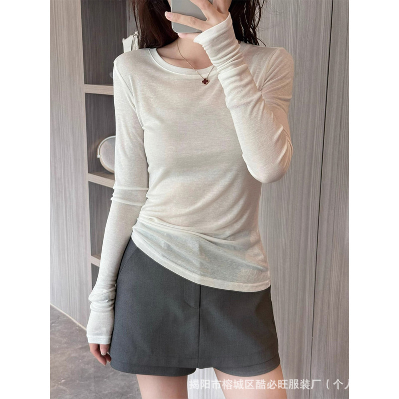 Korean-Style White Regular Shoulder Long-Sleeve Base Shirt T-Shirt for Women, Autumn Slim Fit Thin Cover-Up Slightly Sheer Beautiful Top
