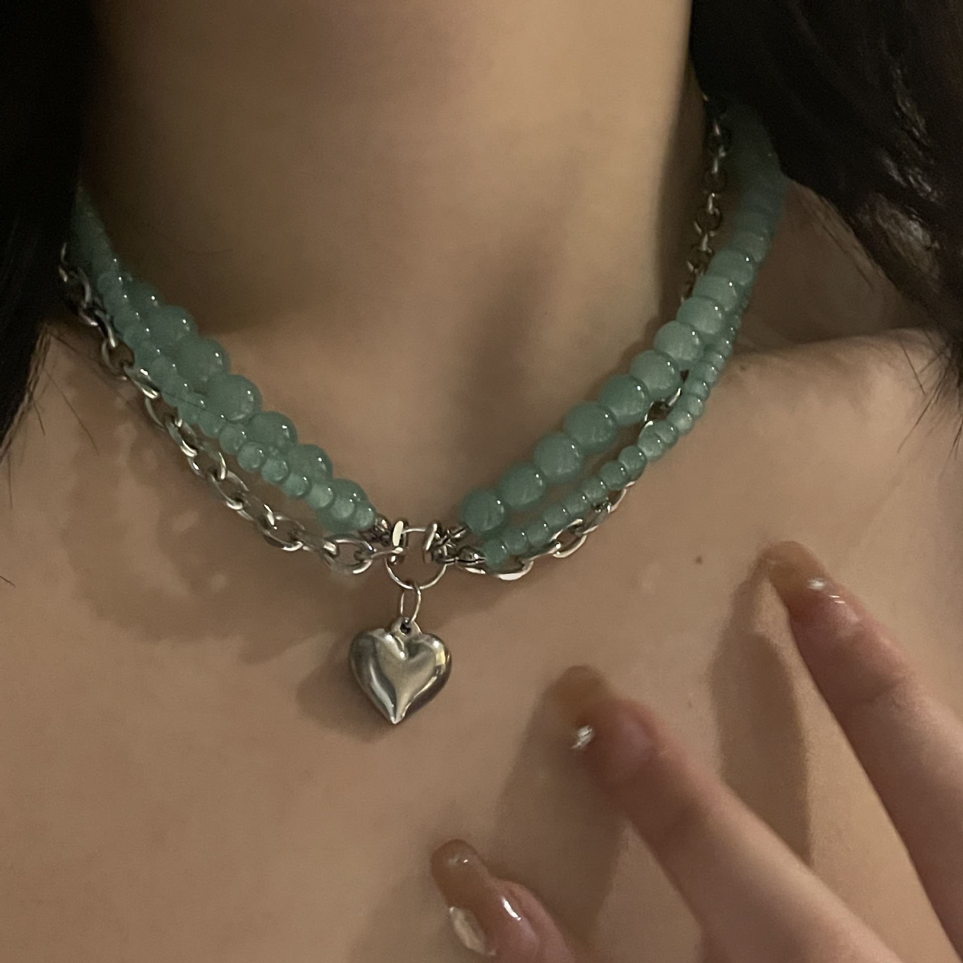 Multi-layered jade female titanium steel heart-shaped clavicle chain