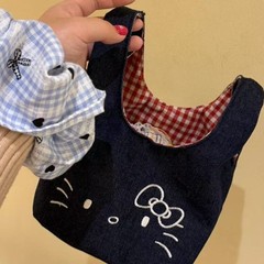 新しいかわいいデニムハローキティポータブル収納ランチボックスバッグ通勤バッグポータブル外出コントラストカラーバッグ
