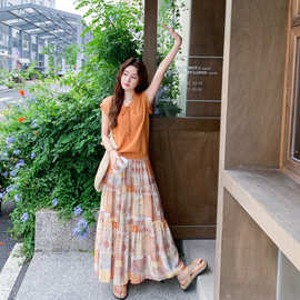 实拍橘色今年流行甜美套装裙夏新款针织V领小衫碎花半身裙两件套