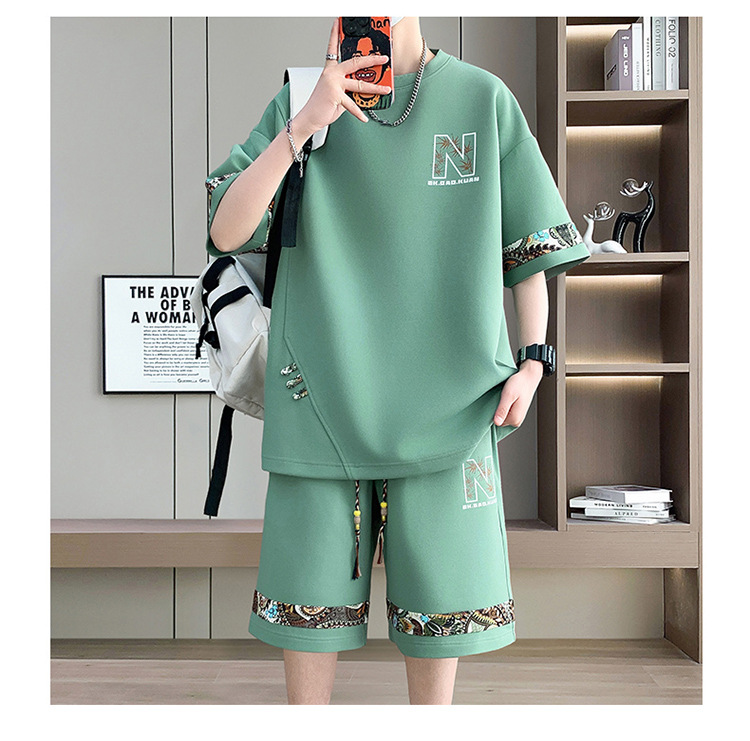 Men's Retro Embroidery Shorts Set - Fashionable Casual Short Sleeve And Shorts Outfit For Teens And Young Adults​_viptrois.com