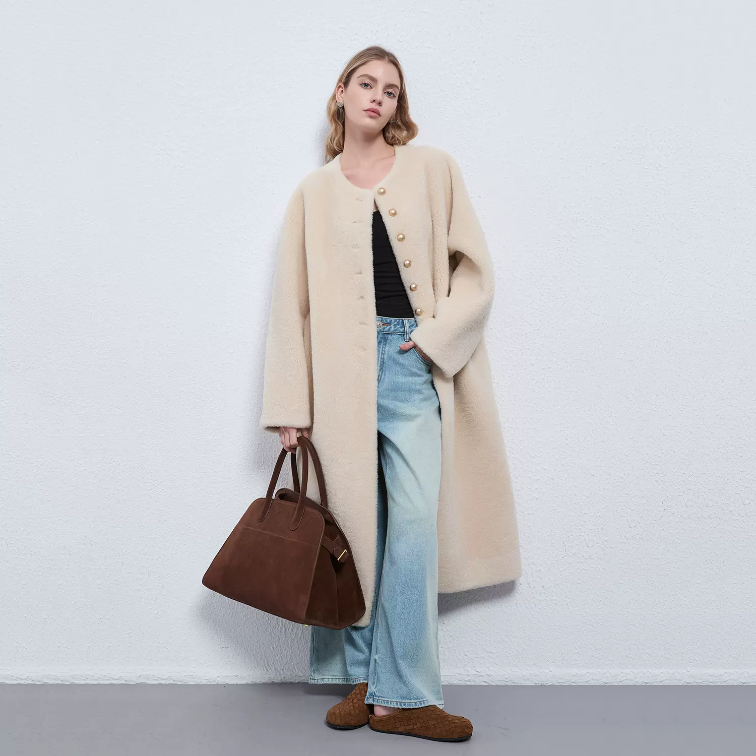 夏稚 仿安哥拉山羊绒 长款皮毛一体毛毛外套女环保皮草大衣秋冬