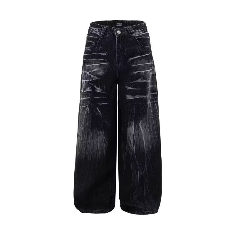 Herreklær retro vide jeans med design med vannmerker i svart og grå, løse og smale, avslappede moppebukser_voghion.com