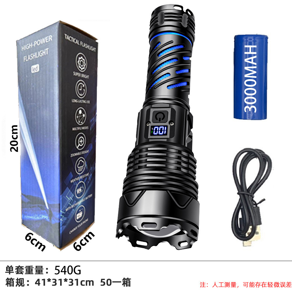 Nueva linterna de cañón láser cuidadosamente seleccionada transfronteriza, zoom de largo alcance al aire libre, pantalla multifunción, linterna de luz fuerte recargable