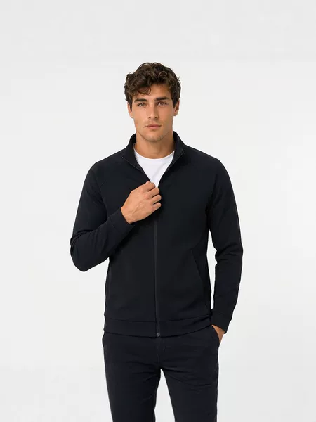 Men's Stand Collar Zipper Sports Sweatshirt, Spring and Autumn Casual Warm Long Sleeve Jacket, Black Knit Fitness Running Top