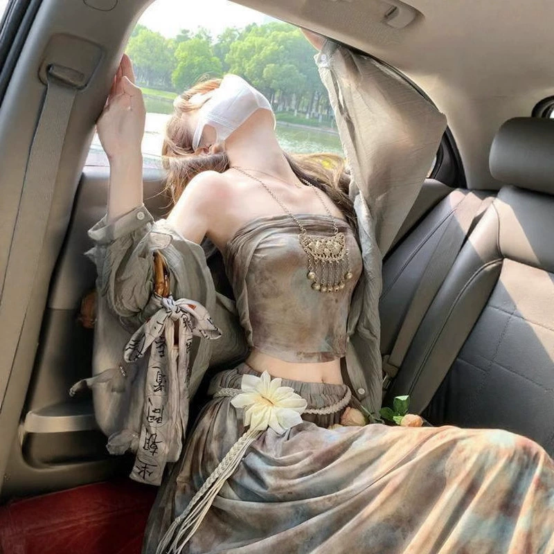 Новый китайский костюм в стиле дзен, юбка с принтом тай-дай, топ-юбка, шикарный сладкий и пряный костюм, сексуальный наряд в китайском стиле, полный комплект