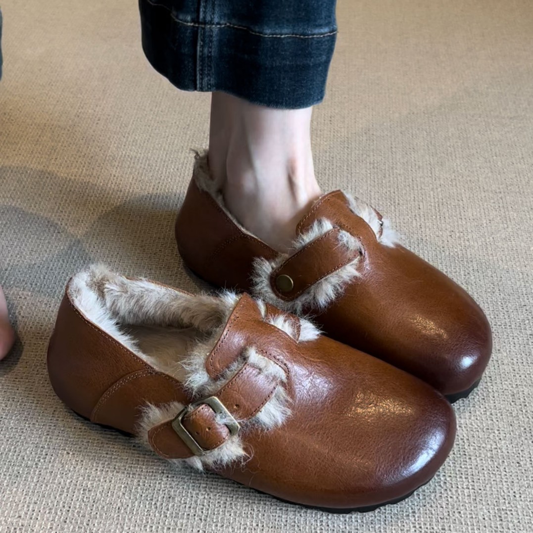 羊皮版~复古羊羔毛一体真皮擦色勃肯鞋女防滑外穿舒适加绒毛毛鞋