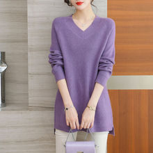 斤可穿外搭中长款毛衣女宽松遮肚领纯色上衣潮时尚洋气针织衫