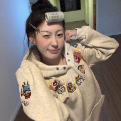 美式趣味刺绣纽扣连帽卫衣男女春秋冬加绒蜡笔小新设计感上衣外套