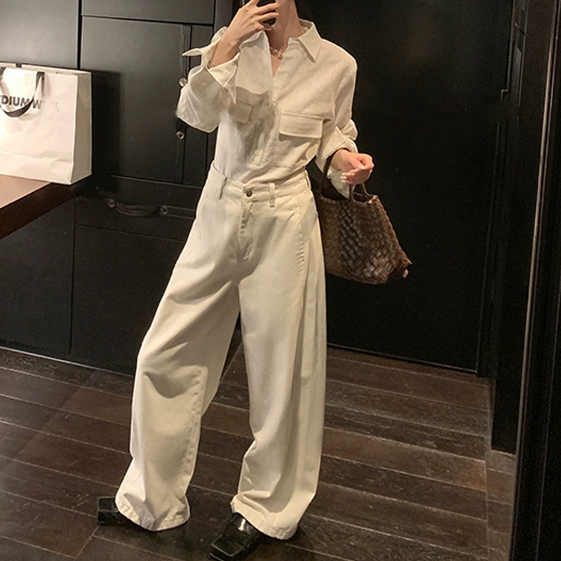 ZHOYUE老钱磨毛白色牛仔裤女秋季高腰直筒阔腿裤宽松长裤拖地裤子|undefined