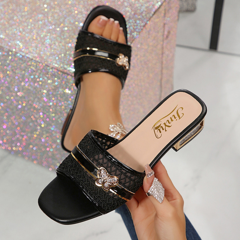 European and American Cross-Border Foreign Trade Wholesale In-Stock High-Heeled Sandals, Women's Slippers, Stylish Versatile Decorative Buckle Square-Toe Sandals European and American Cross-Border Foreign Trade Wholesale In-Stock High-Heeled Sandals, Women's Slippers, Stylish Versatile Decorative Buckle Square-Toe Sandals