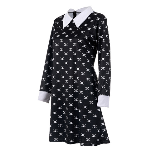 Halloween New Children's Adam Cosplay Skeleton Head Wednesday Dress Black Dress
