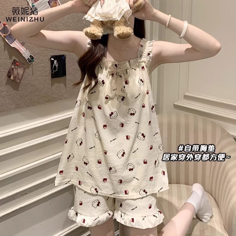 Summer sweet camisole with chest pads and shorts pajamas for women, cute and loose casual cloud cotton sweet home wear Summer sweet camisole with chest pads and shorts pajamas for women, cute and loose casual cloud cotton sweet home wear