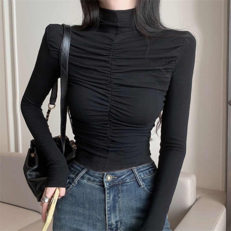 여성용 하프 터틀넥 셔츠 봄, 가을 틈새 짧은 슬림 플리츠 디자인 한국 스타일 심플 티셔츠 긴팔 탑