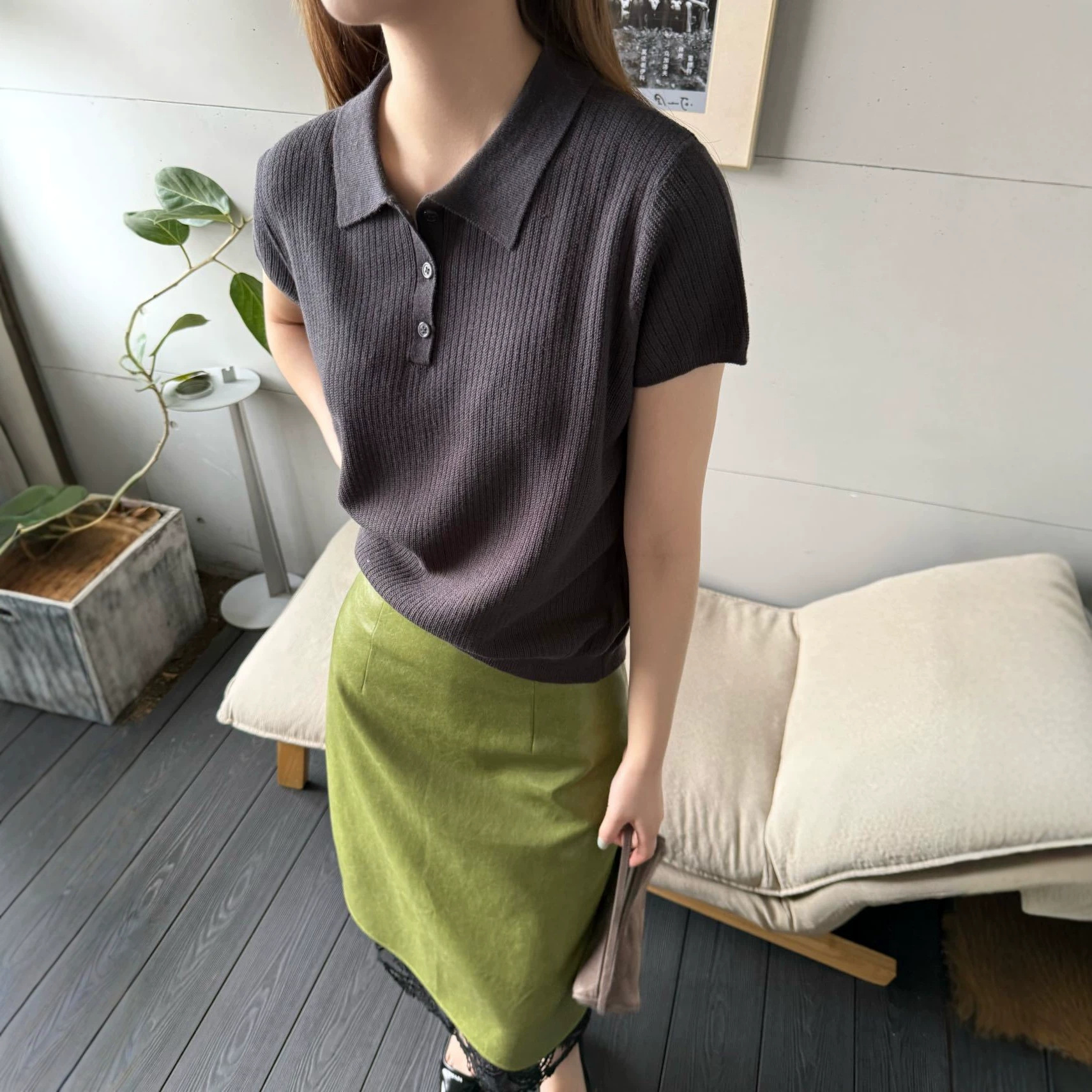 Kamanshi Light Summer Korean Style Four Seasons Green Women's Polo Shirt Short Sleeve T-Shirt Slimming Knit Top
