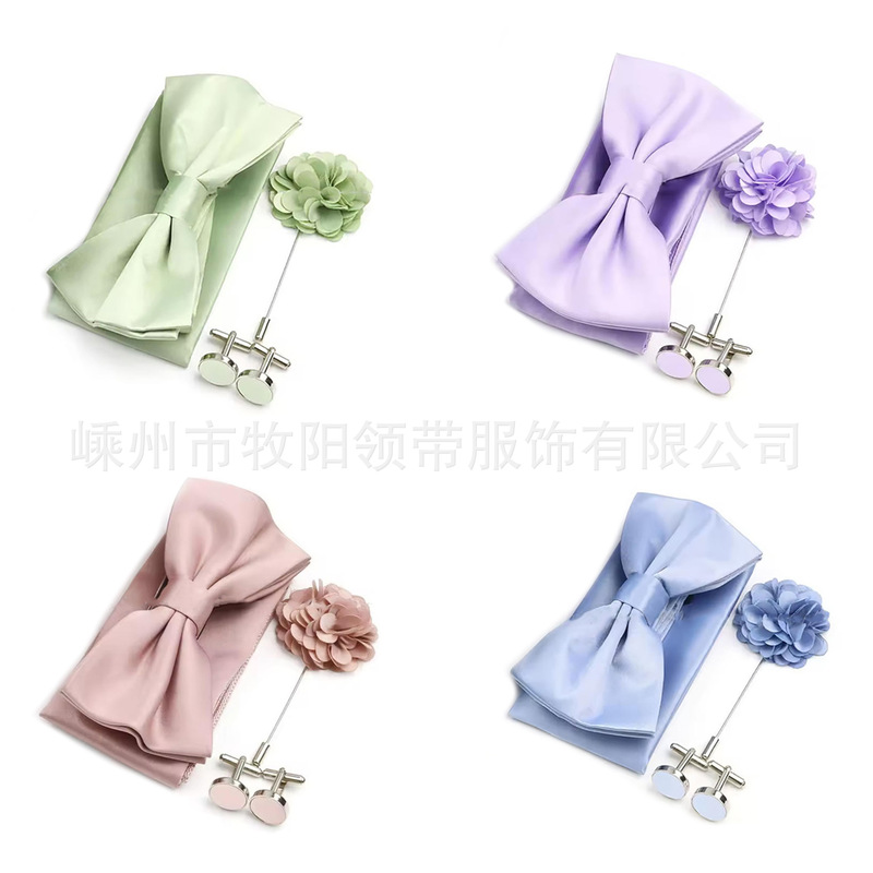 Hot-Selling Tie Cufflinks Brooch Tie Set Polyester Purple Blue Sage Green Tie Groom Suit Wedding