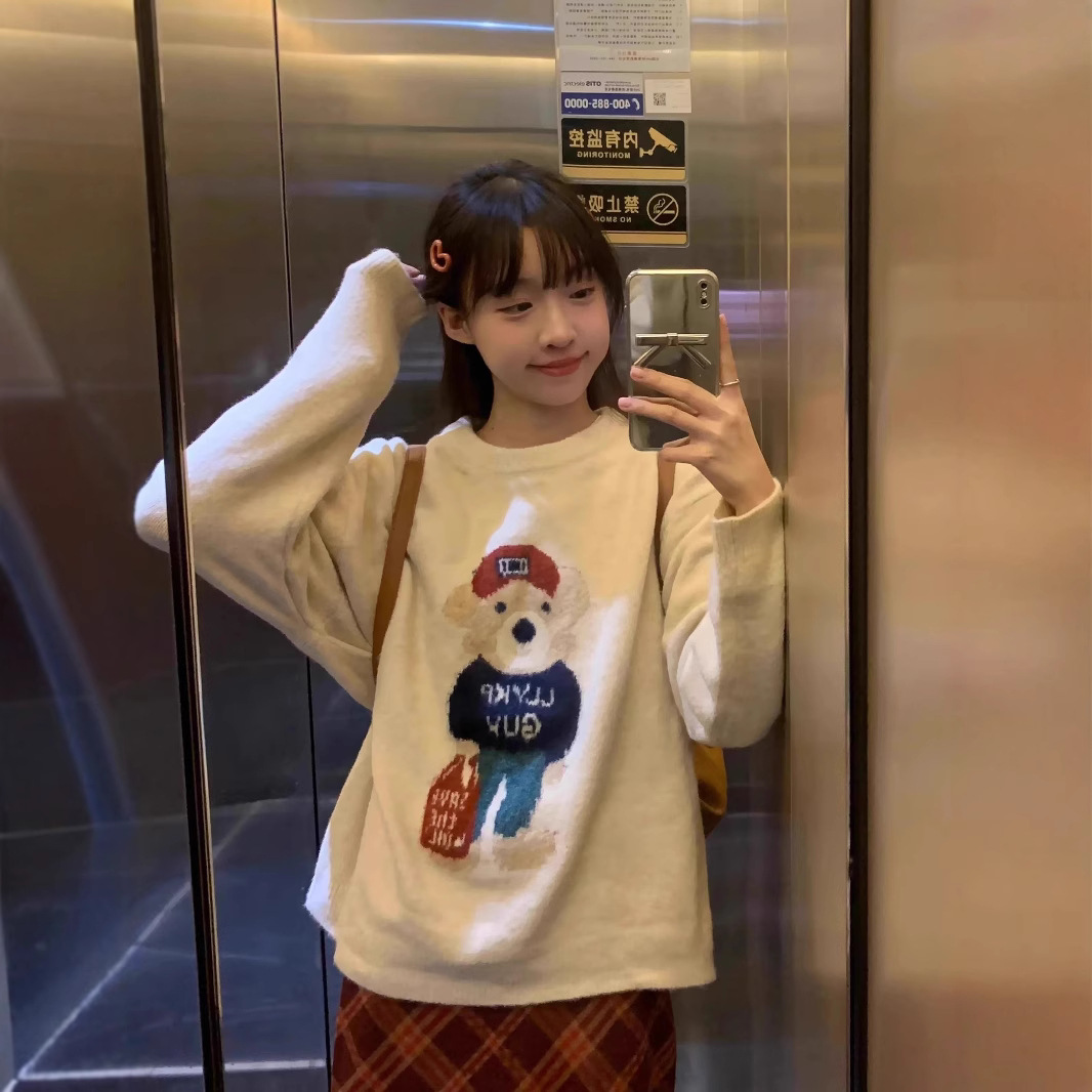 【厂家源头现货直发】慵懒风卡通小熊毛衣软糯宽松长袖针织衫上衣