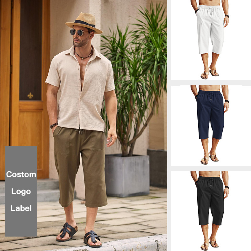 Europäische und amerikanische grenzüberschreitende Bestseller: Herren-Strandhose mit mittelhohem Bund, Kordelzug, einfarbig, verkürzt, mit Taschen, ideal für Yoga und Strand._voghion.com