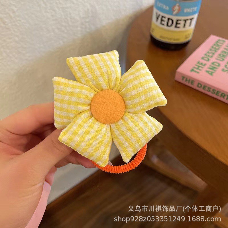 44 노란색 체크무늬 큰 꽃 머리끈