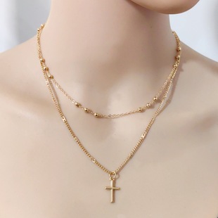 European and American Cross-border Hot Selling Fashion Simple Stackable Cross Double-layer Necklace Golden silver Round Bead Chain Neck Chain