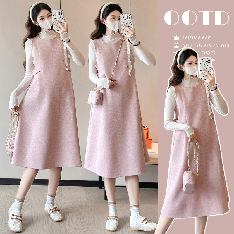2025 New Autumn and Winter Korean Style Maternity Dress Loose Large Size Woolen Age-Reducing Vest Dress + Bottoming Sweater 2025 New Autumn and Winter Korean Style Maternity Dress Loose Large Size Woolen Age-Reducing Vest Dress + Bottoming Sweater
