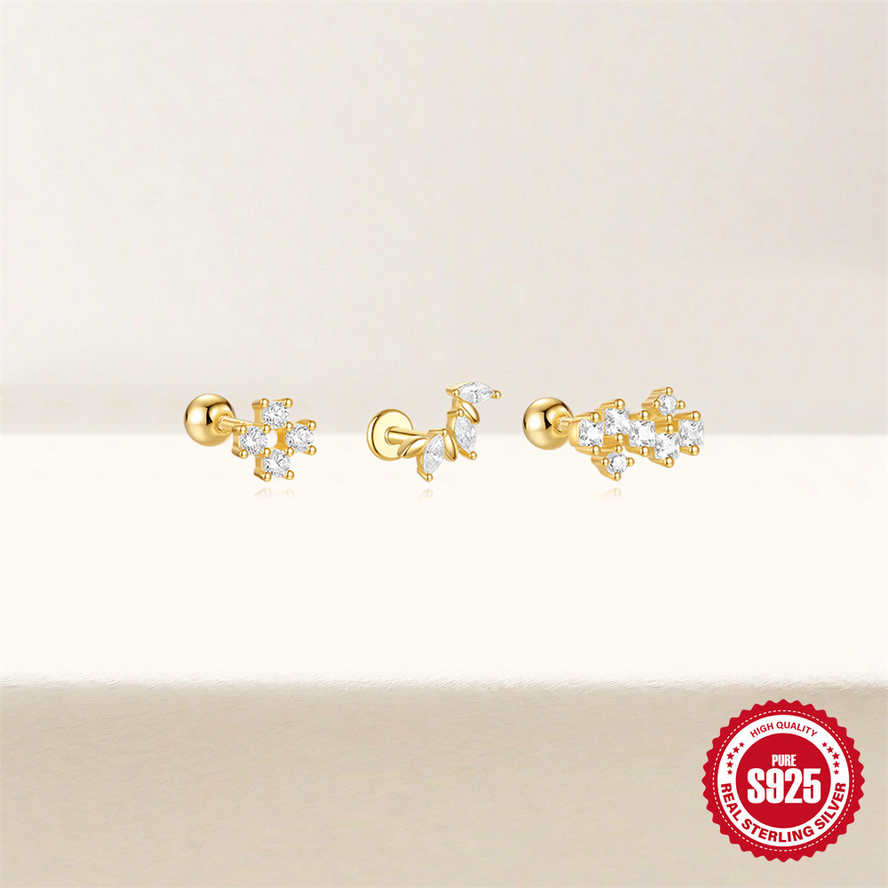 Pendientes de moda de diamantes con flores simples de plata pequeña S925