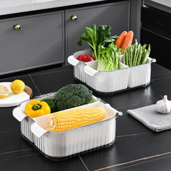 Household transparent hot pot side dish double-layer PET drain basket kitchen fruit and vegetable storage compartment washing basket vegetable basket