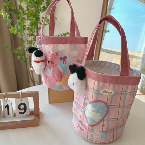 Original Bucket Bag  Cartoon Large Capacity Ins Versatile Mummy Portable Work Girl Heart Lunch Box Cylinder Bag