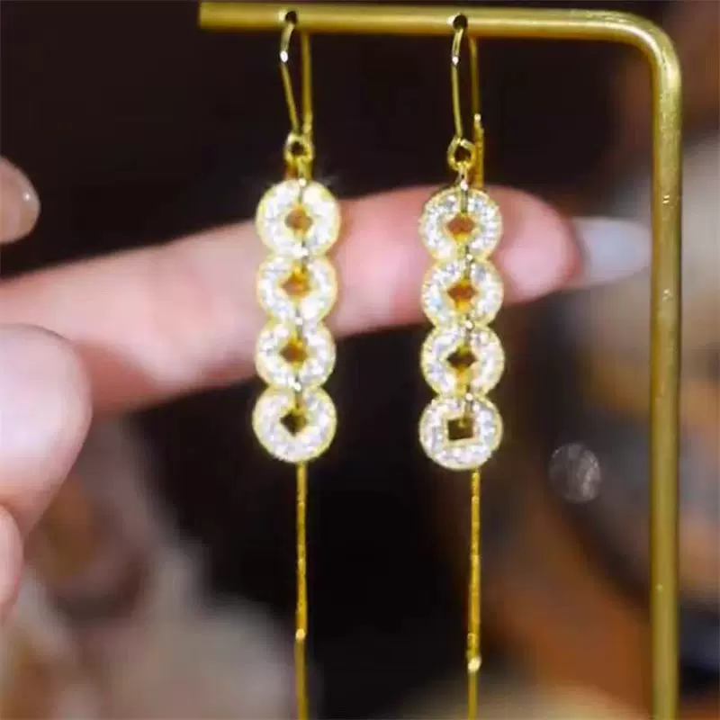 新中式五帝钱币耳线长款流苏网红百搭气质耳坠高级感耳环