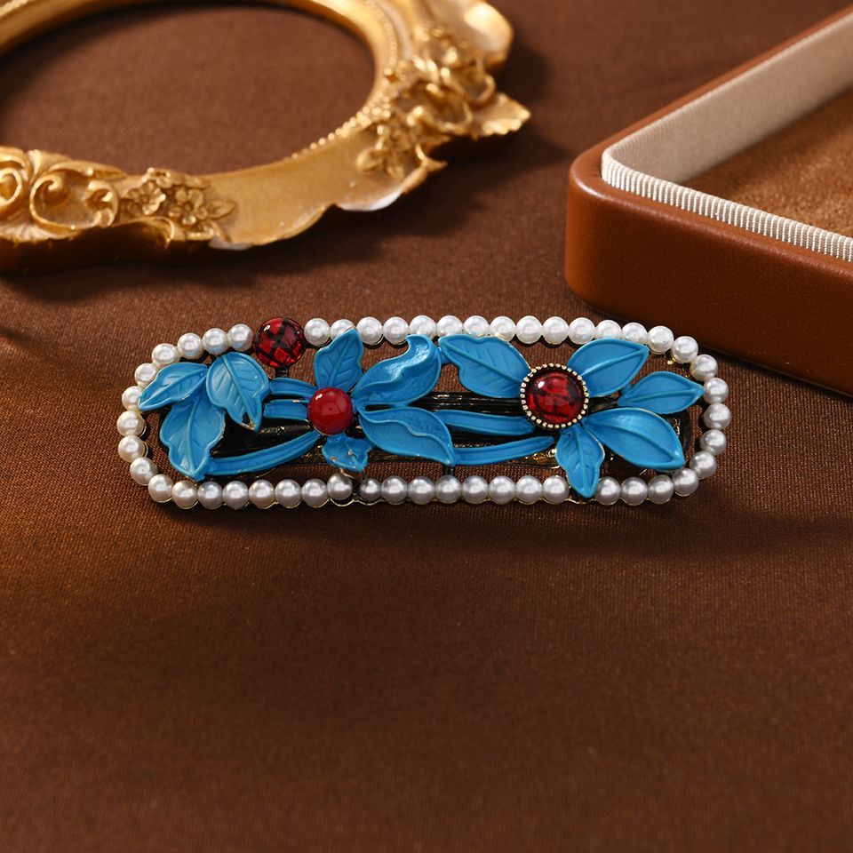 Chinese Style Retro Red Bead Leaf Imitation Burnt Blue Spring Clip Small Top Clip Ball Head Half-Tied National Trend Hair Clip for Women