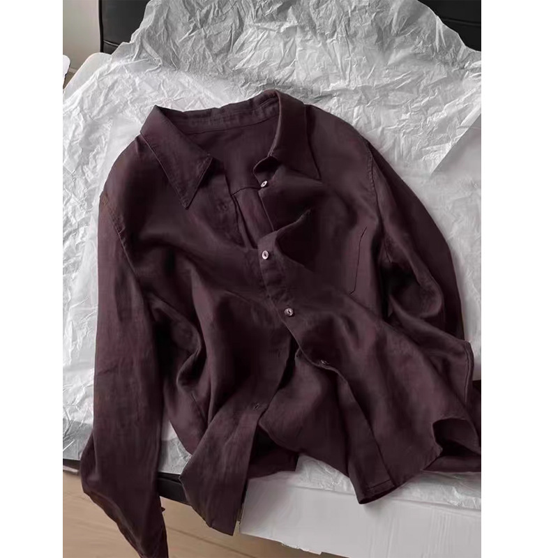 No D Recommended! Old Money Style Polo Collar Brown Coffee Linen Shirt for Women Summer Light and Loose Lazy Versatile Top
