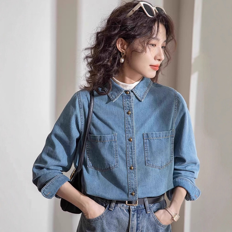 Light Blue Retro Soft Denim Shirt for Women 2025 Autumn and Winter New Style Inner Layering Fleece-Lined Small Right Shoulder Top