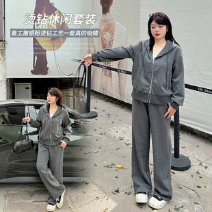 plus size gray casual silver powder hot drilling suit women 2025 spring new coat wide leg pants two-piece 122110