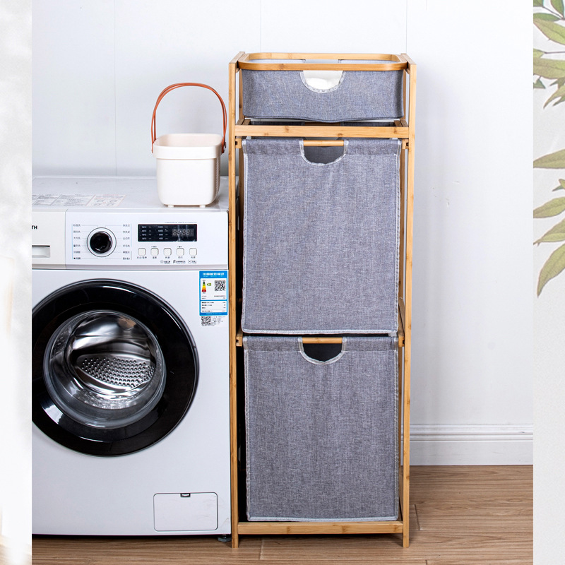 Cesta de ropa sucia de bambú y madera casera Cesta de almacenamiento vertical de baño Cesta de almacenamiento de lavandería de madera Cesta de almacenamiento de lavandería de madera maciza Rack de almacenamiento