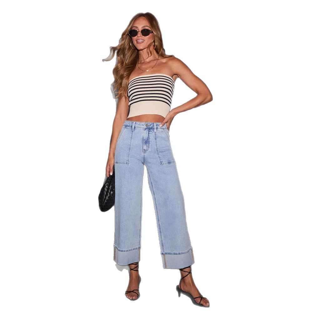 2026 nuevos pantalones elásticos lavados con agua jeans de cintura alta moda casual tendencia general jeans de piernas anchas mujeres